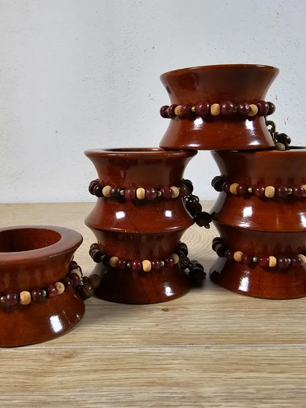 Pier 1 Beaded Wooden Napkin Rings Set of 6 Brown Neutral Boho